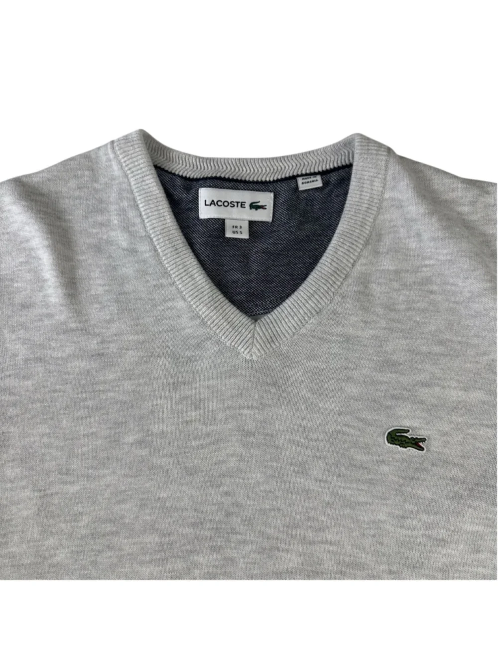 Lacoste Sweater Mens Small Gray Cotton Knit V-Neck Pullover Long Sleeve